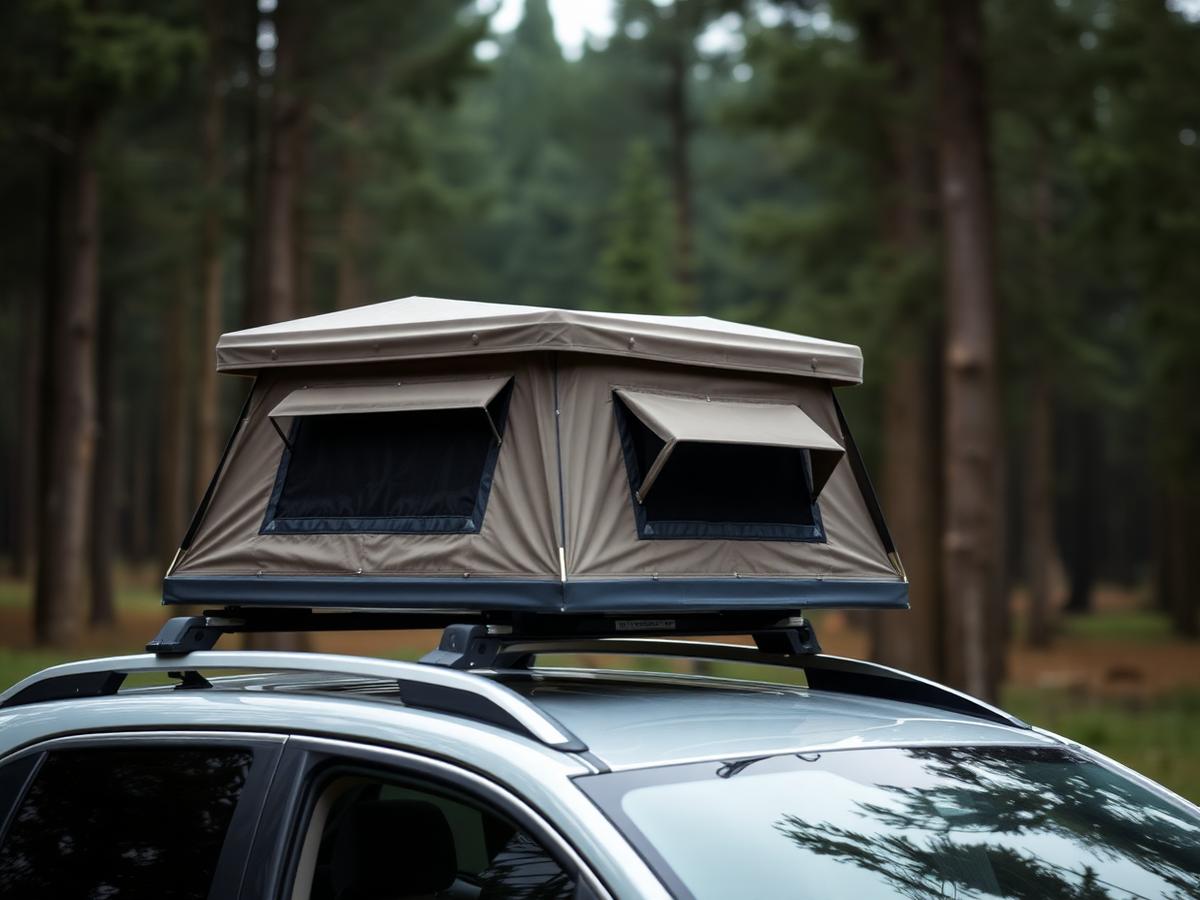 Dachzelt aufgebaut auf einem Fahrzeug in der Natur